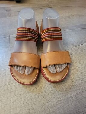 Born Tan Leather Slide Sandals with Multicolor Striped Elastic